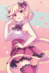 Rule 34 | 1girl, alternate hair length, alternate hairstyle, animal ear fluff, animal ears, bare arms, bare shoulders, black bow, blush, bow, breasts, cat ears, cat girl, cat tail, center frills, collared shirt, e20, fang, frilled skirt, frills, hand up, highres, looking at viewer, looking back, mashima himeko (show by rock!!), medium breasts, multicolored hair, open mouth, outline, pink hair, pleated skirt, red eyes, red skirt, red thighhighs, shirt, show by rock!!, skirt, sleeveless, sleeveless shirt, solo, streaked hair, striped tail, tail, thighhighs, twisted torso, white outline, white shirt