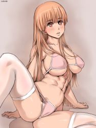 Rule 34 | 1girl, abs, bikini, breasts, brown eyes, brown hair, covered erect nipples, dead or alive, kasumi (doa), large breasts, long hair, solo, spread legs, swimsuit, tecmo, thighhighs, very long hair, white thighhighs, zenkou