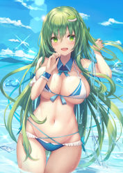 Rule 34 | 1girl, absurdres, bikini, blue sky, breasts, cleavage, cloud, commentary request, day, detached collar, frog hair ornament, gluteal fold, green eyes, green hair, hair between eyes, hair ornament, highres, kochiya sanae, large breasts, liya, long hair, looking at viewer, mountainous horizon, navel, ocean, open mouth, outdoors, partially submerged, sky, smile, solo, standing, swimsuit, thigh gap, touhou, two-tone bikini, underboob, very long hair, water drop, wet, wrist cuffs