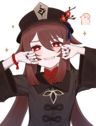 Rule 34 | 1girl, bead bracelet, beads, black hat, black nails, blush, boo tao (genshin impact), bracelet, brown hair, flower, flower-shaped pupils, genshin impact, ghost, grin, hair between eyes, hat, hat flower, highres, hu tao (genshin impact), io spr, jewelry, long hair, looking at viewer, multiple rings, nail polish, red eyes, red flower, ring, simple background, smile, solo, sparkle, symbol-shaped pupils, twintails, upper body, very long hair, white background