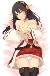 Rule 34 | 10s, 1girl, bare shoulders, black hair, blush, breasts, brown eyes, commentary, covering privates, covering breasts, frilled skirt, frills, hair ornament, hairband, haruna (kancolle), head tilt, kantai collection, kureha (ironika), large breasts, long hair, looking at viewer, lying, nontraditional miko, off shoulder, on back, pleated skirt, red skirt, skirt, solo, thighhighs