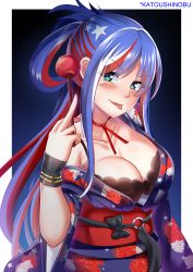 Rule 34 | absurdres, american flag, blue hair, blunt bangs, bra, breasts, candy apple, clothes lift, food, highres, japanese clothes, kantai collection, katou shinobu, kimono, large breasts, long hair, middle finger, multicolored hair, neck ribbon, red hair, ribbon, solo, south dakota (kancolle), star (symbol), tongue, tongue out, underwear, white hair, yukata
