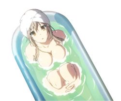 Rule 34 | 10s, 1girl, amagi brilliant park, bathing, bathtub, breasts, brown eyes, brown hair, cleavage, female focus, large breasts, looking at viewer, nude, official art, open mouth, sento isuzu, simple background, solo, towel, towel on head, water, wet, white background, yellow eyes