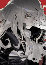 Rule 34 | 1boy, alchemy stars, ascot, bags under eyes, black coat, charon (alchemy stars), closed mouth, coat, grey hair, hair between eyes, highres, long hair, looking at viewer, male focus, red background, ryota-h, sanpaku, serious, solo, upper body, white ascot, yellow eyes