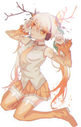 Rule 34 | 1girl, alternate color, autumn, bare shoulders, branch, detached sleeves, floral print, flower, glowing, glowing eyes, hair flower, hair ornament, hands up, hatsune miku, headphones, highres, leaf, lexwl, long hair, looking at viewer, miniskirt, necktie, orange eyes, orange flower, orange hair, orange necktie, orange skirt, orange sleeves, orange theme, orange thighhighs, osmanthus, parted lips, pleated skirt, shirt, shoulder tattoo, sitting, skindentation, skirt, sleeveless, sleeveless shirt, solo, symbol-shaped pupils, tattoo, thighhighs, twintails, very long hair, vocaloid, wariza, white background, white shirt, zettai ryouiki