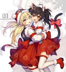 Rule 34 | 2girls, ahoge, animal ears, blonde hair, blush, bow, cat ears, cat girl, cat tail, commentary request, copyright request, doomie1, fang, floral print, from side, fur-trimmed headwear, fur trim, hands up, hat, highres, hug, jacket, large bow, long hair, multiple girls, open mouth, print skirt, red bow, red eyes, red footwear, red legwear, red skirt, santa hat, skin fang, skindentation, skirt, smile, tail, tail bow, tail ornament, thighhighs, twintails, two-tone legwear, white jacket, white legwear, yellow eyes