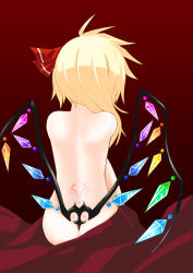 Rule 34 | 1girl, back, bed sheet, blonde hair, flandre scarlet, from behind, hair over shoulder, hair ribbon, long hair, low wings, nude, red background, red theme, ribbon, sitting, solo, tattoo, touhou, wings