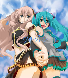 Rule 34 | 2girls, aqua eyes, aqua hair, back-to-back, blue eyes, day, detached sleeves, disso, green eyes, green hair, holding hands, hatsune miku, lion (macross frontier), long hair, macross, macross frontier, megurine luka, midriff, multiple girls, navel, necktie, open mouth, parody, pink hair, pleated skirt, skirt, sky, smile, thighhighs, twintails, vocaloid