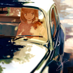 Rule 34 | 1girl, artist name, blurry, brown eyes, brown hair, car, depth of field, loundraw, motor vehicle, open mouth, original, outstretched hand, short hair, sweater, vehicle