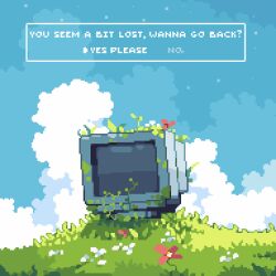 Rule 34 | arkhai, blue sky, cloud, commentary, english text, flower, grass, highres, monitor, no humans, original, pixel art, red flower, sky, symbol-only commentary