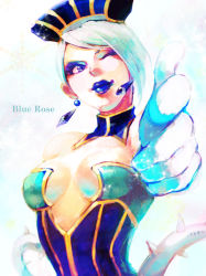 Rule 34 | 10s, 1girl, bare shoulders, blue eyes, blue hair, blue rose (tiger &amp; bunny), breasts, cleavage, earrings, elbow gloves, eyeshadow, gloves, hat, jewelry, karina lyle, lipstick, makeup, makoto1009, matching hair/eyes, one eye closed, pointing, short hair, solo, thighhighs, tiger &amp; bunny, wink