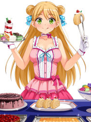 Rule 34 | 1girl, :q, bare shoulders, blonde hair, blush, breasts, cake, cake slice, cleavage, double bun, dress, female focus, food, food on face, fruit, fruit tart, gloves, green eyes, hair bun, hair ribbon, hisho collection, large breasts, long hair, looking at viewer, macaron, pastry, pink dress, ribbon, simple background, smile, solo, sparkle, star (symbol), star print, strawberry shortcake, strawberry tart, swiss roll, tart (food), tongs, tongue, tongue out, tray, white background, white gloves, yokaze japan