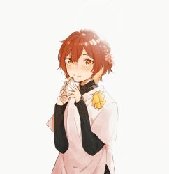 Rule 34 | 1boy, black sweater, blush, braid, closed mouth, flower, hair between eyes, hair flower, hair ornament, hanasaki miyabi, hayate fish, highres, holostars, layered sleeves, long sleeves, looking at viewer, male focus, own hands together, red hair, ribbon, shirt, short hair, short over long sleeves, short sleeves, simple background, solo, steepled fingers, sweater, turtleneck, turtleneck sweater, upper body, virtual youtuber, white background, white shirt, yellow eyes, yellow ribbon