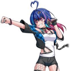 Rule 34 | 1girl, ahoge, alive musix, black choker, black jacket, black shorts, blue hair, blue jacket, blush, breasts, choker, clenched hand, clothing cutout, commentary request, cowboy shot, fingernails, fishnet thighhighs, fishnets, grin, hair between eyes, hair intakes, heart, heart ahoge, holding, holding microphone, jacket, long hair, looking afar, mair (alive musix), medium bangs, medium breasts, microphone, miso panda, multicolored hair, navel, open clothes, open jacket, open mouth, pink eyes, pink hair, pink nails, plaid, plaid jacket, shorts, simple background, smile, solo, stomach cutout, tank top, thighhighs, transparent background, two-sided fabric, two-sided jacket, virtual youtuber, white tank top