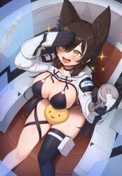 Rule 34 | 1girl, absurdres, alcohol, animal ear fluff, animal ears, atago (azur lane), azur lane, beer, beer can, between thighs, bikini, black bikini, black choker, black hair, breasts, can, choker, commission, drink can, extra ears, gloves, green eyes, hand up, highres, holding, holding can, jacket, japanese flag, jaxa, keureu (tiqkdtiqkd10), large breasts, long hair, manjuu (azur lane), mole, mole under eye, open mouth, pouch, rocket, shrug (clothing), single thighhigh, sitting, smile, sparkle, swimsuit, thigh pouch, thighhighs, white jacket