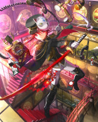 Rule 34 | 1boy, blurry, boots, card, cloak, cross-laced footwear, daruma doll, depth of field, elsword, elsword (character), full body, gloves, gold trim, hat, highres, katana, lace-up boots, male focus, mask, mask on head, phone, red eyes, red hair, scorpion5050, solo, stairs, sword, tagme, uniform, weapon