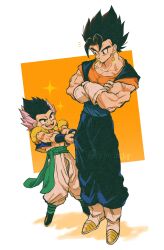 Rule 34 | 2boys, absurdres, artist name, baggy pants, black eyes, black footwear, black hair, black wristband, blue sash, boots, closed mouth, clothes pull, collarbone, crossed arms, dougi, dragon ball, dragon ball super, dragonball z, earrings, full body, gloves, gotenks, green pants, green sash, highres, jewelry, light frown, looking at another, male focus, metamoran vest, multicolored hair, multiple boys, muscular, muscular male, open clothes, open mouth, open vest, orange background, orange shirt, pants, potara earrings, purple hair, relio db318, sash, shirt, short sleeves, simple background, spiked hair, standing, teeth, twitter username, two-tone background, two-tone hair, v-shaped eyebrows, vegetto, vest, white background, white footwear, white gloves, wristband