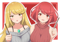 Rule 34 | 2girls, absurdres, bare shoulders, blonde hair, blush, breasts, commentary request, facing viewer, food, grey sweater, hand up, highres, holding, holding food, holding pocky, large breasts, long hair, long sleeves, multiple girls, mythra (xenoblade), off-shoulder sweater, off shoulder, open mouth, pocky, pocky day, pyra (xenoblade), red background, red eyes, red hair, red sweater, ribbed sweater, ryochan96154, short hair, sleeveless, sleeveless sweater, smile, sweater, swept bangs, white background, xenoblade chronicles (series), xenoblade chronicles 2, yellow eyes