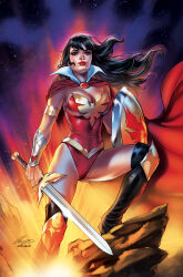 Rule 34 | 1girl, alternate costume, black footwear, black hair, blue eyes, boots, breasts, cape, cleavage, collar, elias chatzoudis, highres, holding, holding shield, holding sword, holding weapon, large breasts, leotard, long hair, red cape, red leotard, red lips, shield, signature, solo, sword, thigh boots, vambraces, vampirella, vampirella (character), weapon, white collar