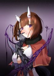 Rule 34 | 1girl, black bra, black gloves, blush, bra, breasts, broken horn, brown hair, capelet, commentary request, demon girl, demon horns, eriko (princess connect!), fur-trimmed capelet, fur trim, gauntlets, gloves, glowing, glowing eye, hand on own cheek, hand on own face, highres, horns, large breasts, mamihomu-mdk, princess connect!, purple eyes, red capelet, short hair, smile, solo, tail, underwear, upper body