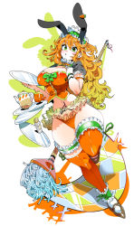 Rule 34 | 1girl, animal ears, blonde hair, blush, breasts, cleavage, curly hair, frills, full body, green eyes, hair between eyes, hairband, kafun, looking at viewer, mary janes, midriff, mop, open mouth, orange hair, orange thighhighs, original, rabbit ears, shoes, skirt, solo, teapot, thighhighs, tray