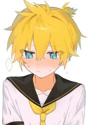 ... 1boy averting_eyes black_sailor_collar blonde_hair blush commentary embarrassed highres kagamine_len neckerchief portrait pout sailor_collar shirt speech_bubble spoken_ellipsis sweatdrop vocaloid wanu_gaki white_background white_shirt yellow_neckerchief