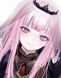 Rule 34 | 1girl, absurdres, black tiara, black veil, brooch, closed mouth, crown, head tilt, highres, hololive, hololive english, jewelry, looking at viewer, mile (off8mile), mori calliope, pink eyes, pink hair, portrait, solo, tiara, veil, virtual youtuber