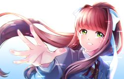 Rule 34 | 1girl, backlighting, brown hair, commentary, doki doki literature club, green eyes, grey jacket, hair ribbon, jacket, long hair, long sleeves, looking at viewer, mixed-language commentary, monika (doki doki literature club), nagagutsu (nagagutsu1230), outstretched arm, parted lips, ponytail, ribbon, school uniform, sidelocks, simple background, smile, solo, tears, white background, white ribbon