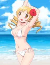 Rule 34 | 10s, 1girl, arms up, bikini, blonde hair, blush, breasts, covered erect nipples, drill hair, highres, looking at viewer, mahou shoujo madoka magica, mahou shoujo madoka magica (anime), navel, official style, open mouth, smile, solo, standing, swimsuit, tomoe mami, twin drills, twintails, yanmaami, yellow eyes