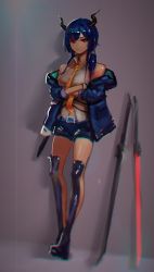 Rule 34 | 1girl, arknights, blue hair, blue jacket, boots, breasts, ch&#039;en (arknights), chinese commentary, collared shirt, crossed arms, expressionless, eyebrows hidden by hair, gloves, highres, horns, jacket, knee boots, leaning back, looking at viewer, medium breasts, medium hair, necktie, off-shoulder jacket, off shoulder, ombre t, red eyes, shirt, solo, standing, sword, weapon, white shirt, yellow necktie