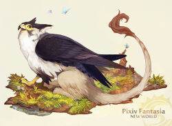 Rule 34 | animal focus, beak, bird wings, blue butterfly, brown fur, bug, butterfly, claws, copyright name, feathered wings, from side, full body, fur-tipped tail, grass, griffin, insect, looking at viewer, mixed limbs, monster, no humans, open mouth, original, outdoors, pixiv fantasia, pixiv fantasia new world, scales, solo, tail, wings, yamamura le, yellow background, yellow eyes