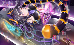 Rule 34 | 1girl, black hair, blush, breasts, duel monster, gloves, highres, i:p masquerena, large breasts, long hair, looking at viewer, multicolored pants, multicolored shirt, new pinko (yu-ji-oh), one eye closed, pants, purple eyes, purple pants, sidelocks, smile, solo, tail, tight clothes, tight pants, twintails, yu-gi-oh!
