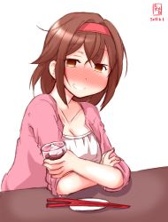 Rule 34 | 1girl, artist logo, blouse, brown eyes, brown hair, casual, chopsticks, collarbone, commentary request, dated, drunk, empty eyes, glasses, grin, hairband, highres, jacket, kanon (kurogane knights), kantai collection, looking at viewer, orange hairband, pink jacket, shiratsuyu (kancolle), shirt, short hair, simple background, smile, solo, white background, white shirt