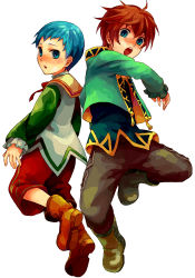 Rule 34 | 2boys, akke, asbel lhant, blue eyes, blue hair, brothers, brown hair, green shirt, hubert ozwell, male focus, multiple boys, shirt, siblings, tales of (series), tales of graces, white background, aged down