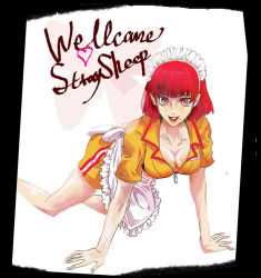 Rule 34 | 1girl, all fours, apron, atlus, bare legs, breasts, brown eyes, catherine (game), cleavage, downblouse, dress, erica anderson, headdress, large breasts, lipstick, looking at viewer, maid headdress, makeup, mole, pink eyes, q (pcq), red hair, short dress, short hair, smile, solo, uniform, waist apron, waitress