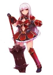 Rule 34 | 1girl, armor, armored dress, breasts, cleavage, cleavage cutout, clothing cutout, full body, gloves, legs apart, lillithlauda, long hair, looking at viewer, medium breasts, navel, original, pink hair, red eyes, solo, standing, sword, transparent background, weapon