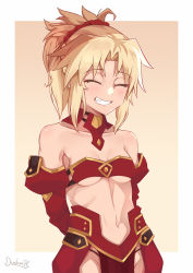 Rule 34 | 1girl, arm behind back, artist name, bare shoulders, blonde hair, blush, braid, breasts, collarbone, commentary, darahan, detached sleeves, fate/apocrypha, fate (series), grin, hair ornament, long hair, looking at viewer, medium breasts, mordred (fate), mordred (fate/apocrypha), navel, ponytail, red scrunchie, red sleeves, scrunchie, smile, solo, teeth
