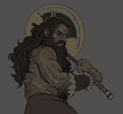 Rule 34 | 1boy, axe, beard, belly, body hair, bracer, brown skirt, commentary, dungeon meshi, dwarf, english commentary, facial hair, fur trim, grey background, highres, holding, holding axe, long beard, long hair, looking at viewer, male focus, michfoolery, muscular, muscular male, mustache, no headwear, senshi (dungeon meshi), simple background, skirt, solo, thick eyebrows, thick mustache, topless male
