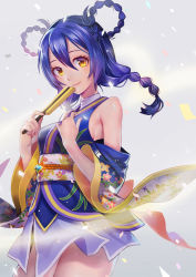 Rule 34 | 10s, 1girl, angelic angel, blue hair, braid, braided hair rings, breasts, detached sleeves, folding fan, hair rings, hand fan, japanese clothes, kimono, lino chang, long hair, love live!, love live! school idol project, sideboob, smile, solo, sonoda umi, thighhighs, yellow eyes