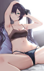 Rule 34 | 1girl, absurdres, alternate costume, arm behind head, armpits, arms up, bare arms, bare shoulders, black camisole, black hair, black panties, black ribbon, blush, breasts, cameltoe, camisole, cleavage, closed mouth, collarbone, crop top, genshin impact, green eyes, hair between eyes, hair ribbon, hand on own head, highres, leaning back, light particles, long hair, looking at viewer, medium breasts, mona (genshin impact), multi-strapped panties, navel, panties, photo-referenced, ribbon, rosumerii, sidelocks, sitting, solo, spaghetti strap, sparkle print, spread legs, stomach, swept bangs, thighs, twintails, underwear