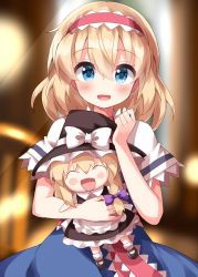 Rule 34 | 1girl, alice margatroid, ascot, blonde hair, blue dress, blue eyes, brown footwear, capelet, character doll, doll, dress, frilled ascot, frilled dress, frilled hairband, frills, hairband, happy, highres, kirisame marisa, lolita hairband, medium hair, one-hour drawing challenge, open mouth, puffy short sleeves, puffy sleeves, red ascot, ruu (tksymkw), short sleeves, touhou, white capelet