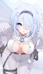 Rule 34 | 1girl, belt, belt buckle, black belt, black gloves, black hairband, blue hair, blush, breasts, buckle, buttons, coat, commentary, cropped shirt, deyui, double-breasted, elira pendora, elira pendora (4th costume), english commentary, gloves, gradient background, green eyes, grey background, hair ornament, hair over one eye, hairband, hairpin, head wings, highres, leaning forward, light blue hair, long sleeves, looking at viewer, medium breasts, necklock, nijisanji, nijisanji en, official alternate costume, open mouth, pants, shirt, short hair, solo, thigh strap, undressing, virtual youtuber, white coat, white pants, white shirt, wings