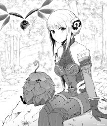 Rule 34 | 1girl, absurdres, arciela v adoulin, blurry, blurry background, bonnet, closed mouth, commentary request, dated, fern, final fantasy, final fantasy xi, forest, grey hair, greyscale, highres, leafkin, monochrome, nature, ntapopo, plant, rock, sitting, sitting on object, sleeveless, solo, split mouth, twitter username