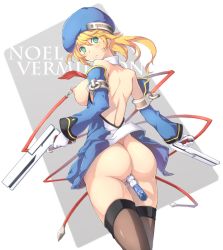 Rule 34 | 1girl, alternate breast size, anal, anal beads, anal object insertion, arc system works, ass, bare shoulders, beret, blazblue, blonde hair, blush, bolverk, breasts, character name, detached sleeves, dress, dual wielding, gloves, green eyes, gun, handgun, hat, holding, larasuke, large breasts, looking back, md5 mismatch, medium breasts, nipple piercing, nipples, no panties, noel vermillion, object insertion, piercing, pussy juice, sex toy, short dress, short hair, solo, tears, thighhighs, vibrator, weapon, white gloves