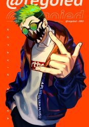 Rule 34 | 1boy, \m/, alternate costume, apex legends, black pants, blue jacket, character name, collared shirt, goggles, green hair, hand in pocket, head tilt, highres, hood, hooded jacket, jacket, jiro (regoied), looking at viewer, male focus, mask, mouth mask, octane (apex legends), pants, red background, shirt, solo, sweater, symbol-only commentary, twitter username, undercut, white shirt, white sweater