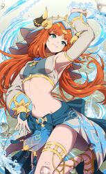 Rule 34 | 1girl, arm up, blue gemstone, blue skirt, blunt bangs, bracer, breasts, circlet, commentary, dancer, detached sleeves, fake horns, foot out of frame, gem, genshin impact, gladiator sandals, gold trim, green eyes, harem outfit, highres, horns, long hair, long sleeves, looking at viewer, looking down, low twintails, medium breasts, navel, nilou (genshin impact), orange hair, samacho, sandals, skirt, smile, solo, standing, standing on one leg, thighlet, twintails, veil, water, white headdress, white veil