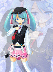 Rule 34 | 1girl, adjusting clothes, adjusting necktie, adjusting tie, aqua hair, bad id, bad pixiv id, belt, blue eyes, blush, female focus, floral print, hassima, hat, hatsune miku, heart, highres, long sleeves, midriff, navel, necktie, shadow, skirt, solo, thighhighs, twintails, vest, vocaloid, zettai ryouiki, zoom layer