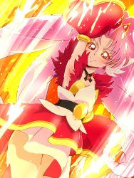 Rule 34 | 1girl, akagi towa, arm up, belt, choker, cure scarlet, detached sleeves, fire, go! princess precure, gradient background, long hair, magical girl, parted bangs, pink hair, pointy ears, precure, red eyes, red skirt, skirt, smile, solo, tj-type1