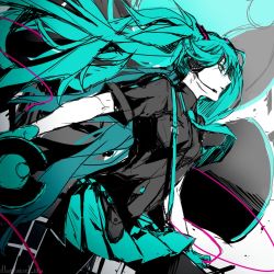 Rule 34 | 1girl, aqua eyes, aqua gloves, aqua hair, aqua skirt, black shirt, cable, colored skin, commentary, from side, gloves, hair ornament, hatsune miku, headphones, headset, holding, holding megaphone, koi wa sensou (vocaloid), liita (dusk snow), long hair, megaphone, outstretched arm, oversized object, pantyhose, parted lips, pleated skirt, shirt, short sleeves, sketch, skirt, solo, tsurime, twintails, very long hair, vocaloid, white skin