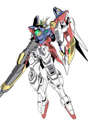 Rule 34 | absurdres, green eyes, gun, gundam, gundam wing, head tilt, highres, holding, holding gun, holding shield, holding weapon, looking at viewer, mecha, mechanical wings, mobile suit, niidan, no humans, robot, shield, solo, v-fin, weapon, white background, wing gundam zero, wings